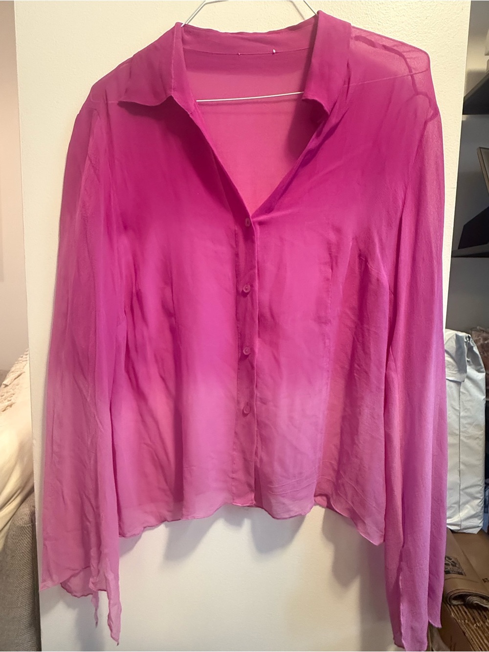 Y2K 100% Silk Sheer Pink Ombré Button-Front Blouse with Ruffle Sleeve